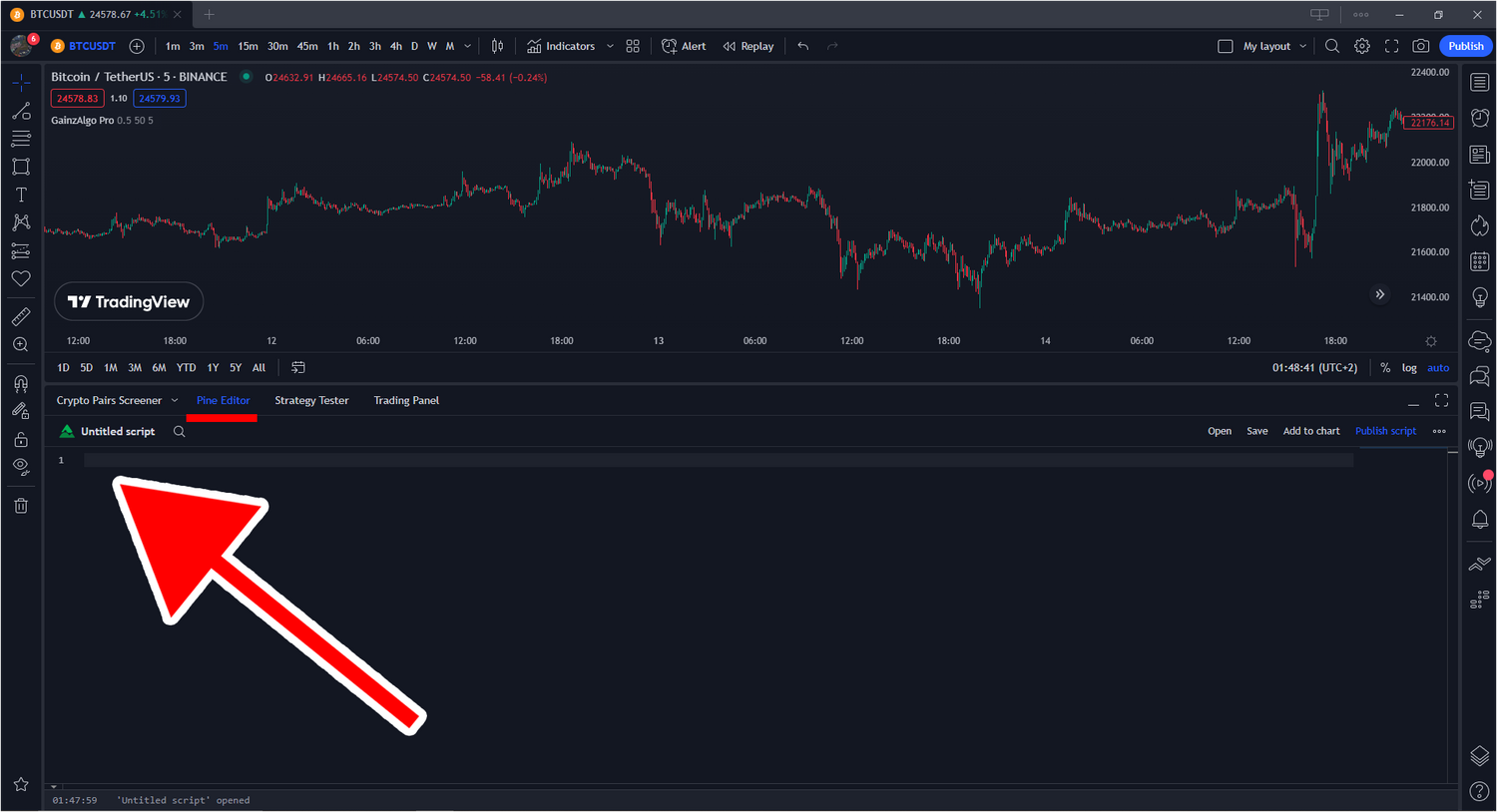 TradingView Pine Editor tab with red arrow pointing to script editor area.